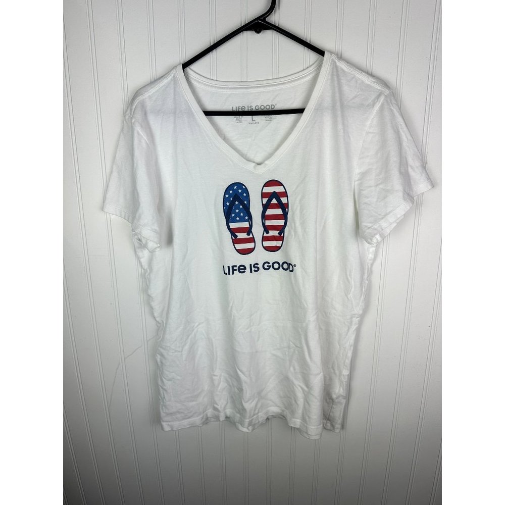 Life if Good Womens Crusher Tee V Neck 4th of July Patriotic Flip Flops Size Lar